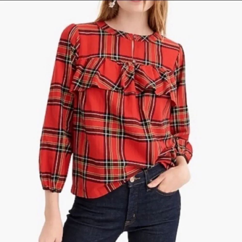 NWTÂ J.âCREW Plaid Flannel Ruffle Holiday TopâS